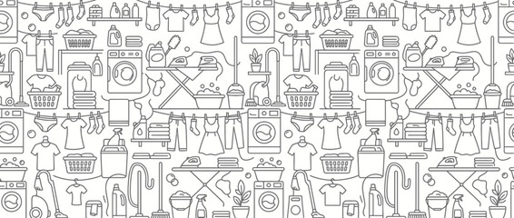 Obraz premium Seamless laundry and household chore monochrome line art pattern.