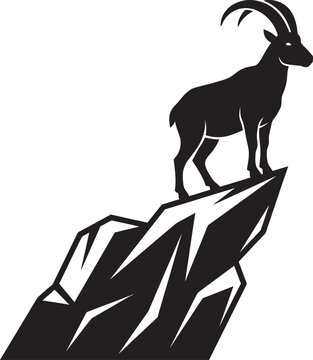 Ibex Silhouette On Rocky Peak Black And White Vector Illustration