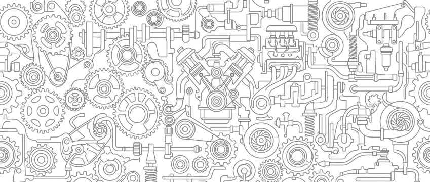 Seamless mechanical engine parts line art pattern.
