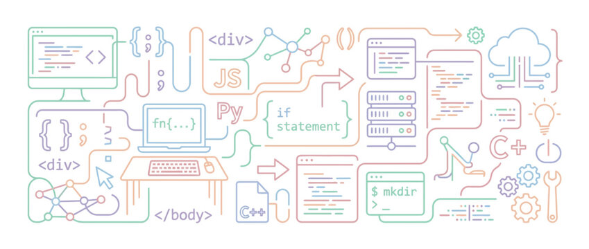 Software development and coding symbols line art pattern.