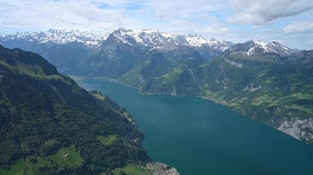 High Altitude Aerial Panorama of Lake Lucerne and Snow-Capped Swiss Alps in Switzerland, 4K