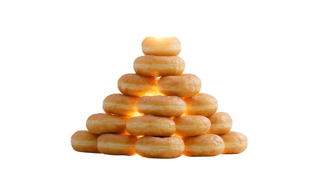 Pyramid made of donuts with glowing top, absurd food architecture isolated on white background