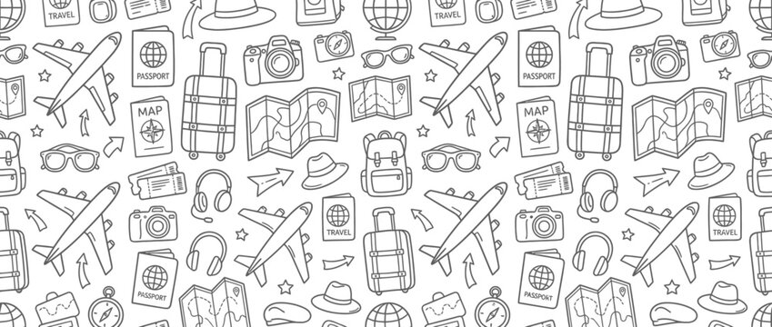 Travel and vacation seamless line art doodle pattern background.