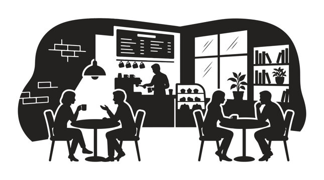 Cafe Interior Silhouette With Customers And Barista Black And White