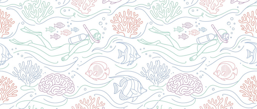 Underwater snorkeling and scuba diving line art pattern.