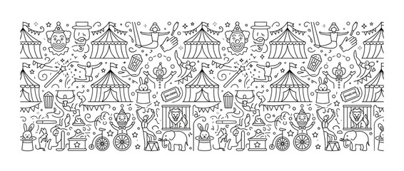 Obraz premium Vintage circus carnival tents and performers line art