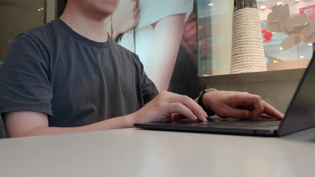Person typing on laptop at modern office desk, blurred background with decorative interior &mdash; indoor