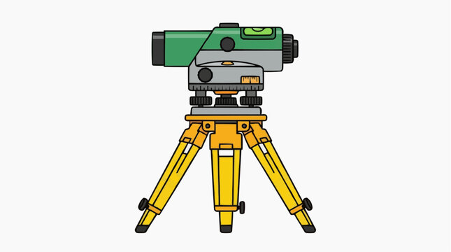 Flat cartoon green and gray optical surveying level theodolite instrument mounted on yellow adjustable metal tripod isolated on white background construction engineering tool vector
