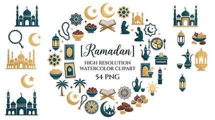 Fototapeta premium Ramadan high resolution watercolor clipart set with 54 png images