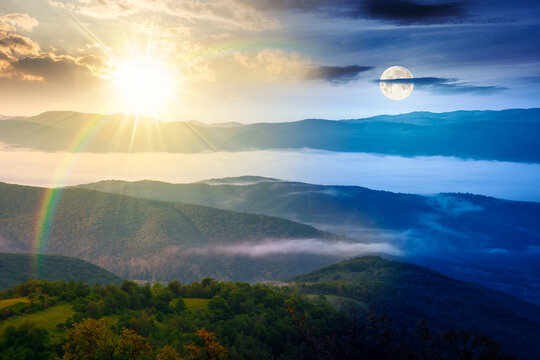 day meet night. foggy carpathian countryside on summer solstice. view of mountainous landscape with rural fields on rolling hills. sun and moon over fog in the valley. clouds above the mountain