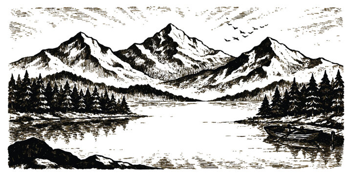 Black and white ink drawing of mountain landscape with lake and pine forest