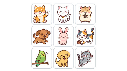 Obraz premium Set of cute cartoon animal stickers including dogs cats and other pets.