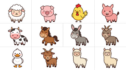 Obraz premium Set of cute cartoon farm animal characters illustration.
