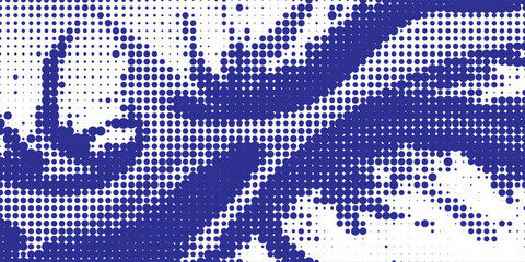 Fototapeta premium Abstract dark blue and white halftone dots pattern background with dynamic swirling and fluid wavy structures.