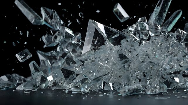 Broken glass crystal shards shattering and exploding against dark backdrop