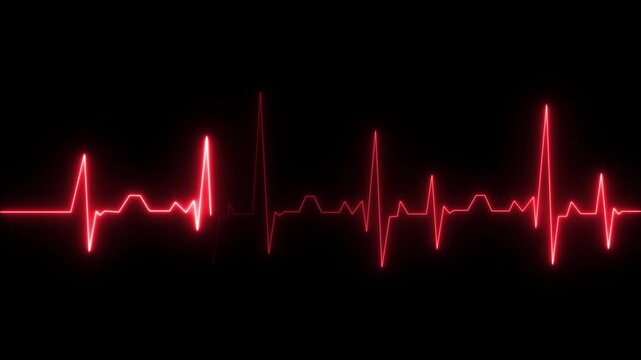 Neon heart rate monitor electrocardiogram (ECG), heartbeat looping 4K animation, black background.