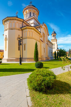 alba iulia, romania - 13 oct 2019: coronation cathedral. holy trinity romanian orthodox cathedral located in alba iulia citadel. sunny autumn day. popular travel destination in europe