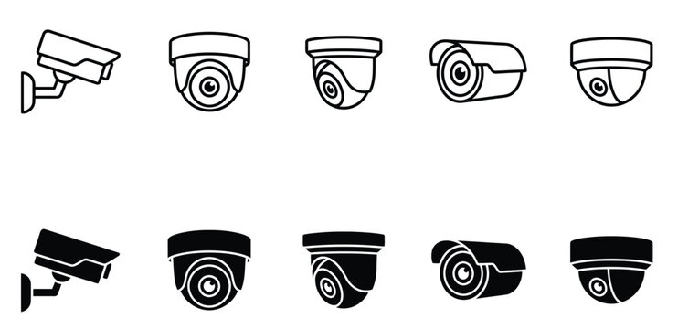 Security camera icon set with 10 vector elements, surveillance CCTV dome and wall mounted cameras, black and white safety monitoring symbols