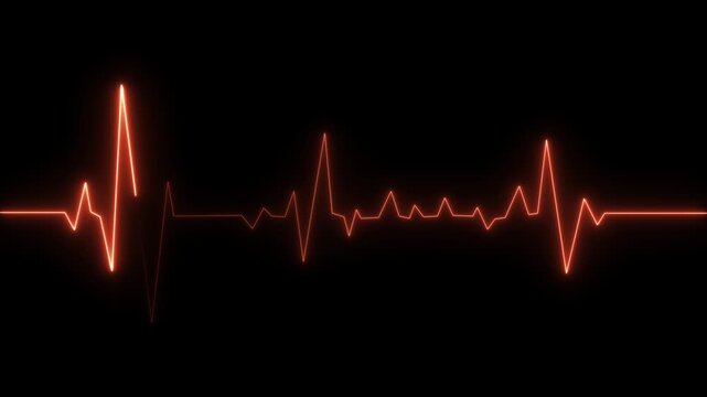 Neon heart rate monitor electrocardiogram (ECG), heartbeat looping 4K animation, black background.