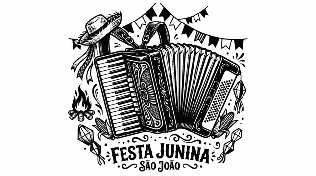 A festive illustration depicting an accordion with a straw hat, bonfire, and party flags, celebrating Festa Junina (June Festival) and S&atilde;o Jo&atilde;o (Saint John)