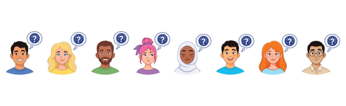 Diverse group of people with question marks thinking faces