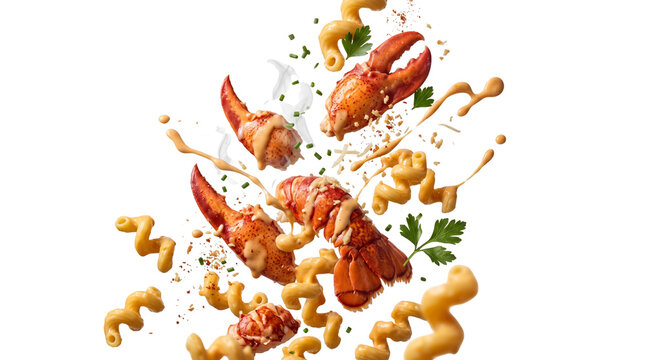 Gourmet lobster mac and cheese explosion, flying cooked lobster claws with spiral pasta, creamy cheese sauce splash and fresh parsley garnish isolated PNG with Transparent Background