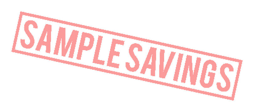 Red sample savings stamp on white background with dotted texture