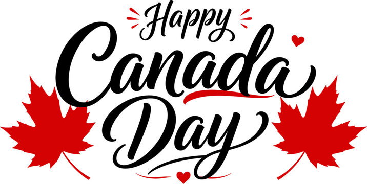 Happy canada day text with red maple leaves isolated on white background