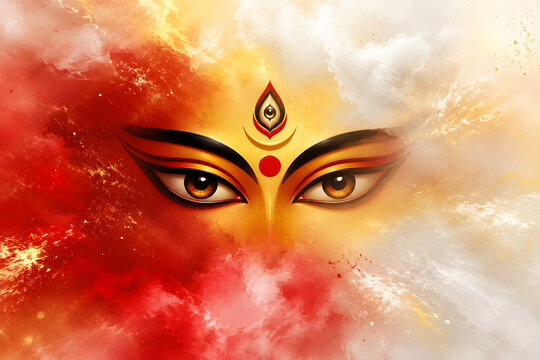 Divine Goddess Eyes in Abstract Red Gold Cloud Art Background