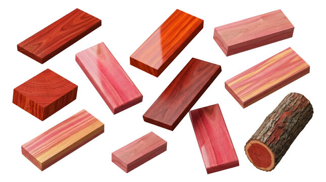 Collection of aromatic red cedar wood planks and a log isolated on transparent background