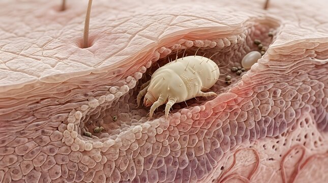 Magnified view of scabies mite burrowing in human skin with eggs.