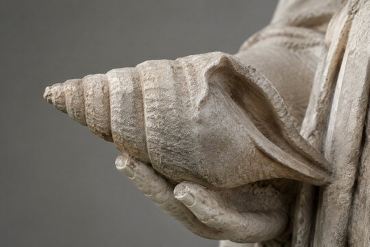 Close-up of a weathered classical Greek sculpture of a conch shell.