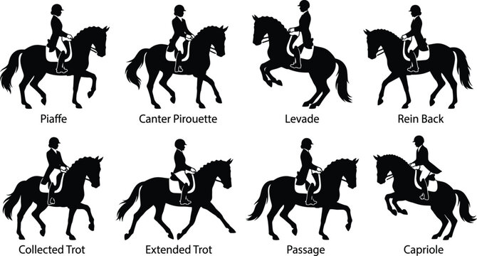 Dressage Horse and Rider Silhouette Collection Featuring Classical Equestrian Movements and Training Poses