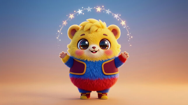 Cute fluffy mascot character wearing a colorful jersey with stars circling its head against gradient background