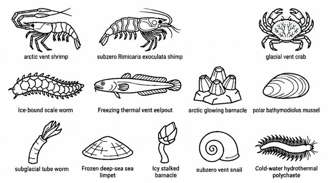 Deep sea hydrothermal vent creatures and marine life line art illustrations.