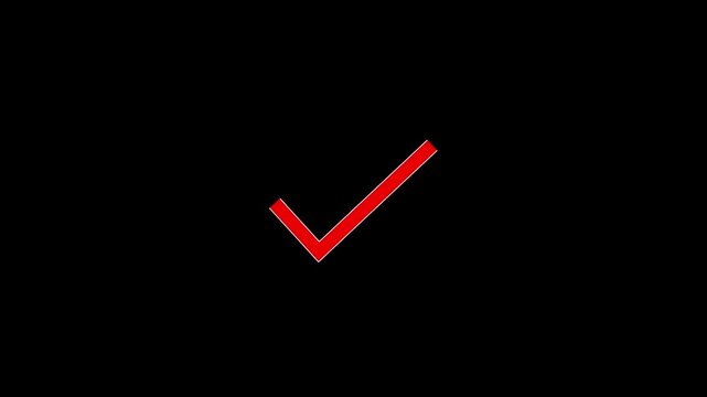 Red checkmark symbol glowing on black background abstract animation loop