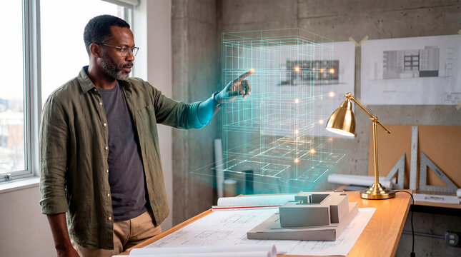 Determined Architect Inspecting Holographic Node in Studio