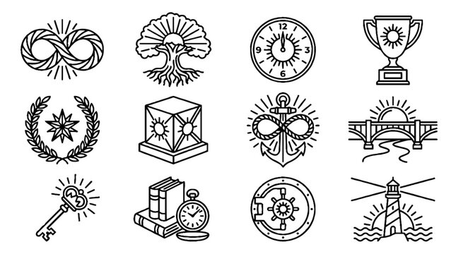 Collection of vintage mystical and symbolic line art icons including infinity tree clock and lighthouse.