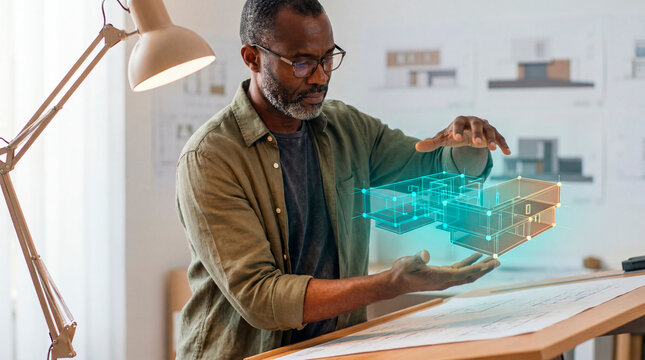 Focused Architect Presenting Holographic Building Model