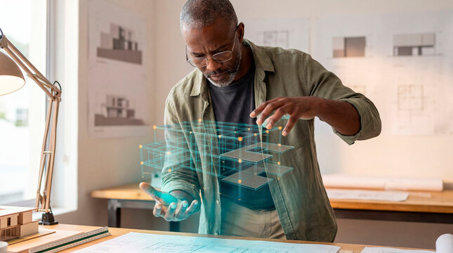 Engaged Architect Analyzing Holographic Building Wireframe