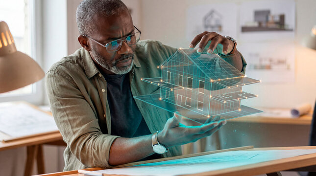 Skilled Architect Examining Holographic Building Model