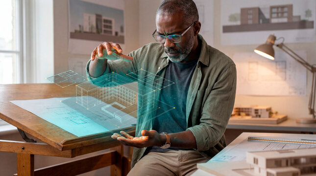 Determined Architect Studying Holographic Building Model