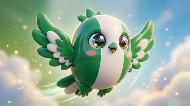 Cute green and white bird mascot flying through clouds with wings spread wide in sky