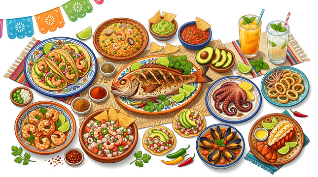 Traditional Mexican Mariscos Banner with Shrimp Tacos Guacamole and Cocktails Graphic