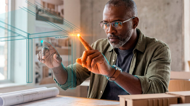 Focused Architect Pointing at Holographic Structural Node