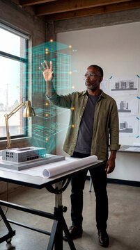 Skilled Architect Inspecting Holographic Structural Node