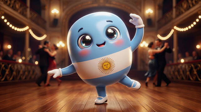 Cute mascot character with Argentina flag colors dances in a grand ballroom filled with couples tangoing under warm lights and festive decorations.