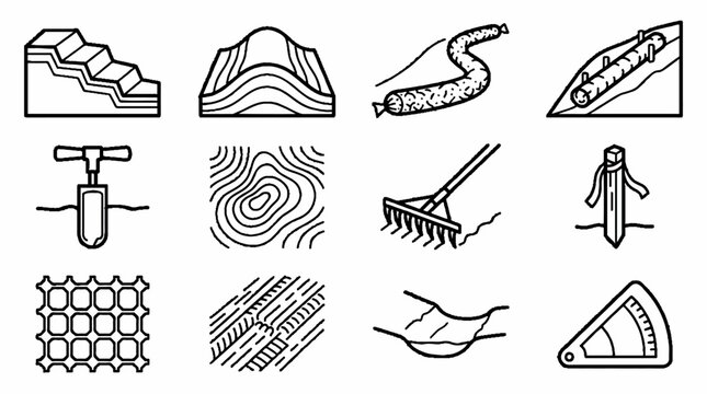 Collection of soil erosion control and land stabilization icons in black line art style.