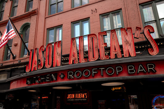 Nashville, Tennessee - June 6, 2026: Exterior of Jason Aldean's bar on Broadway in Nashville, Tennessee
