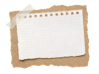Fototapeta premium Torn grid paper taped on brown cardboard textured scrapbook note sheet blank collage design craft journal template layout isolated on a transparent background